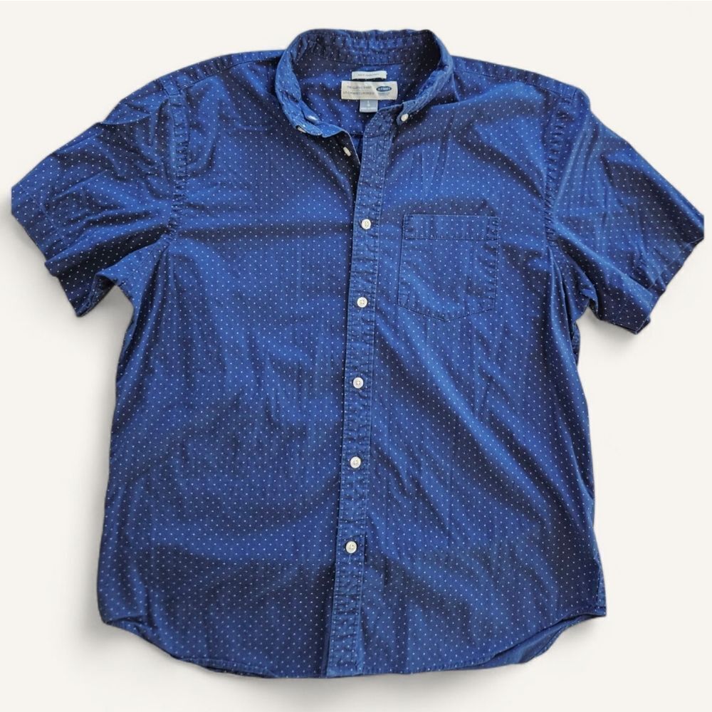 Old Navy The Classic Slim Fit Button Down Short Sleeve Blue Patterned Shirt L